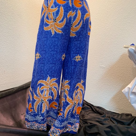 Cute shirred rayon top and groovy wrap pants set blue orange white one size - Picture 7 of 10